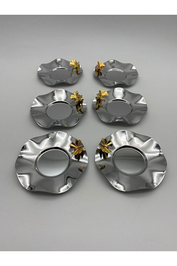 Set of 6 Silver Butterfly Wave Model Stainless Steel Tea Plates, Cup and Mug Coasters