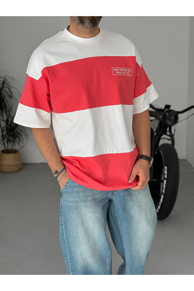 Nar Çiçeği Şeritli Something Nakışlı Oversize T-Shirt JJ-100 - 3