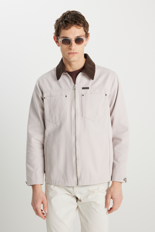 100% Cotton Regular Fit Regular Cut Velvet Collar Gray Jacket