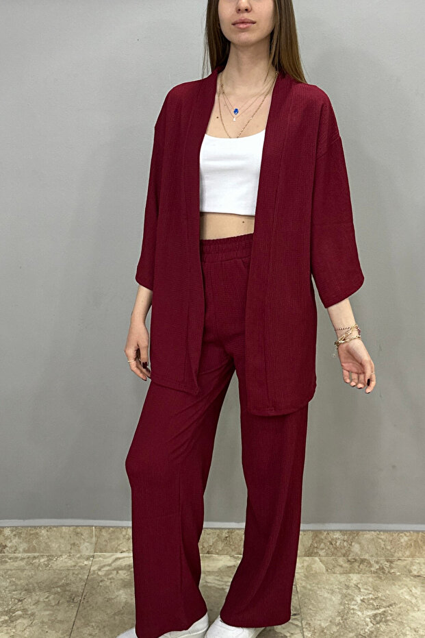 Women's Burgundy Color Palazzo Trousers - Kimono Set