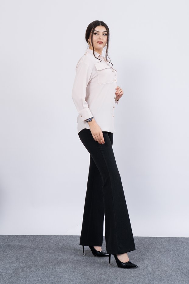 Women's Summer Stone Oversize Shoulder Epaulet Detailed Long Sleeve Shirt Daily Casual Stylish 7996