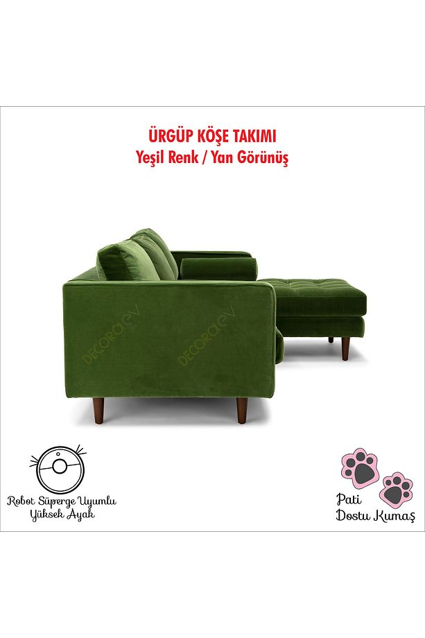 Ürgüp Yeşil Modern Rahat Köşe Takımı Yumuşak Sünger Yüksek Ayak Baby Face Kumaş Pofuduk Sağ Köşe - 5