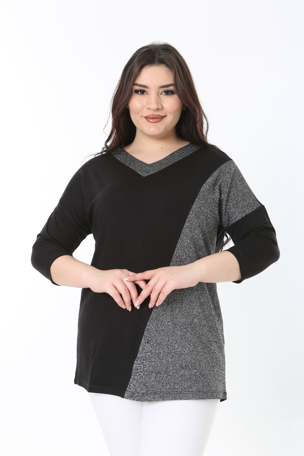 Women's Large Size Black Glitter Detailed Capri Sleeve Blouse 65N38879