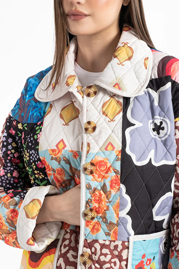 Kadın Patchwork Desenli Oversize Ceket - 7