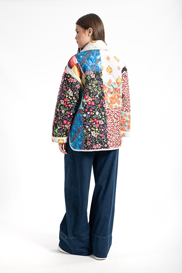 Kadın Patchwork Desenli Oversize Ceket - 8