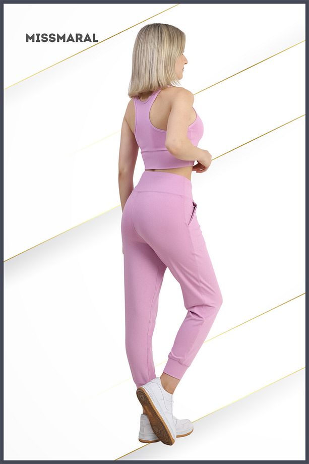 Yüksek Bel Jogger Tayt Rahat Kalıp Çift Yan Cepli Spor Görünüm Trend Jogger Lila Rengi 106103 - 6