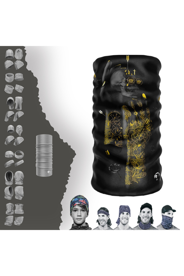 Gold Skull with Black Background Artwork Seamless Tube Neck Collar Bandana Bone Mask