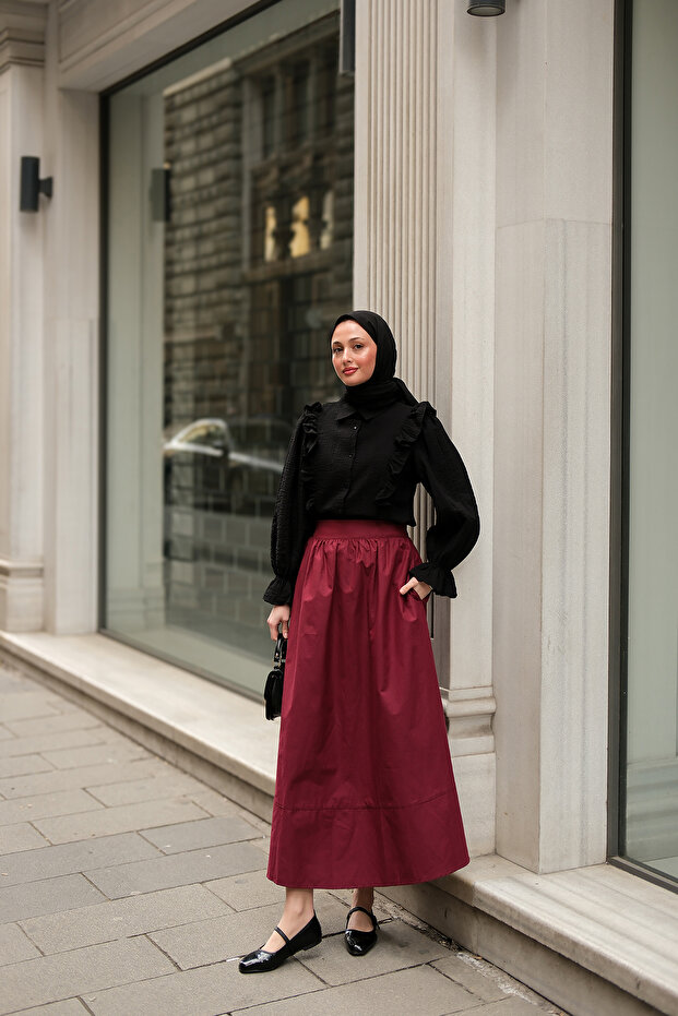 Women's Elastic Waist Poplin Skirt Claret Red