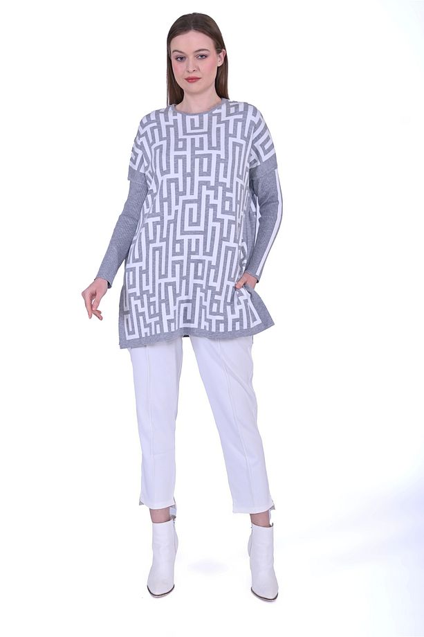 İNVEE 6872 Labirent Desen Triko Tunik - Gri - 6