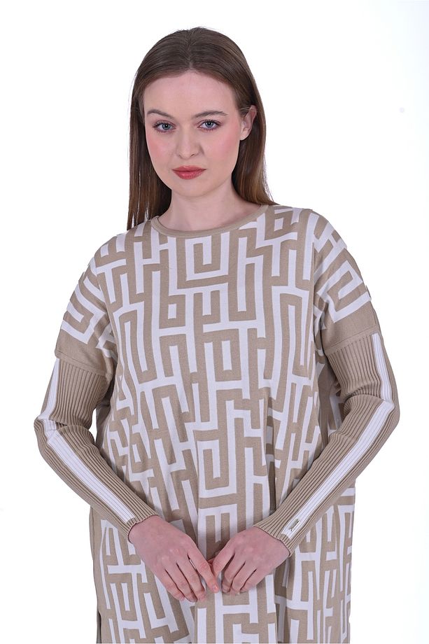 6872 Labirent Desen Triko Tunik - Camel - 2