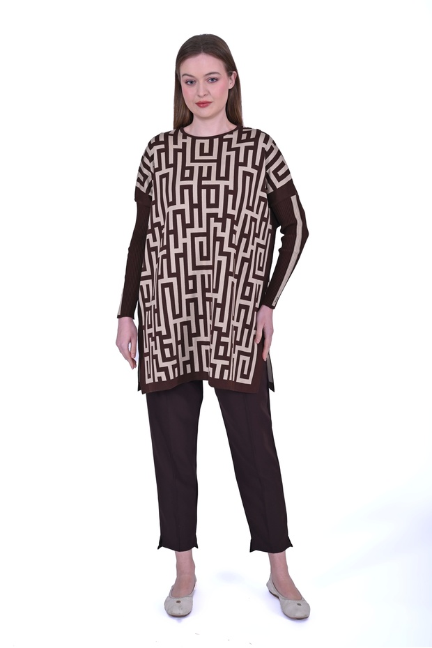 6872 Labirent Desen Triko Tunik - Kahve - 1