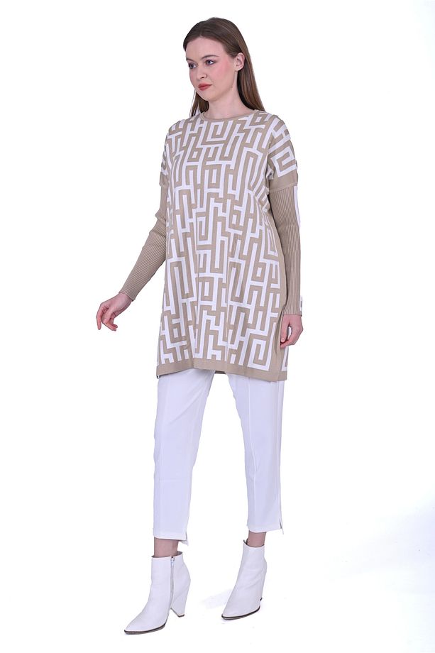 6872 Labirent Desen Triko Tunik - Camel - 3