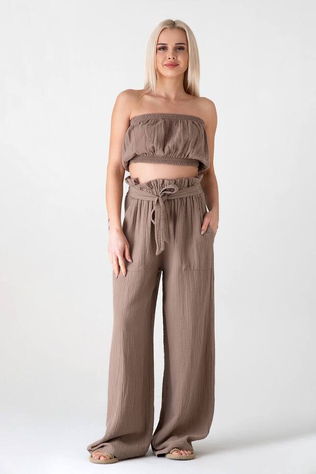 Muslin Fabric 100% Cotton High Waist Drawstring Detail Pocketed Muslin Trousers - Mink