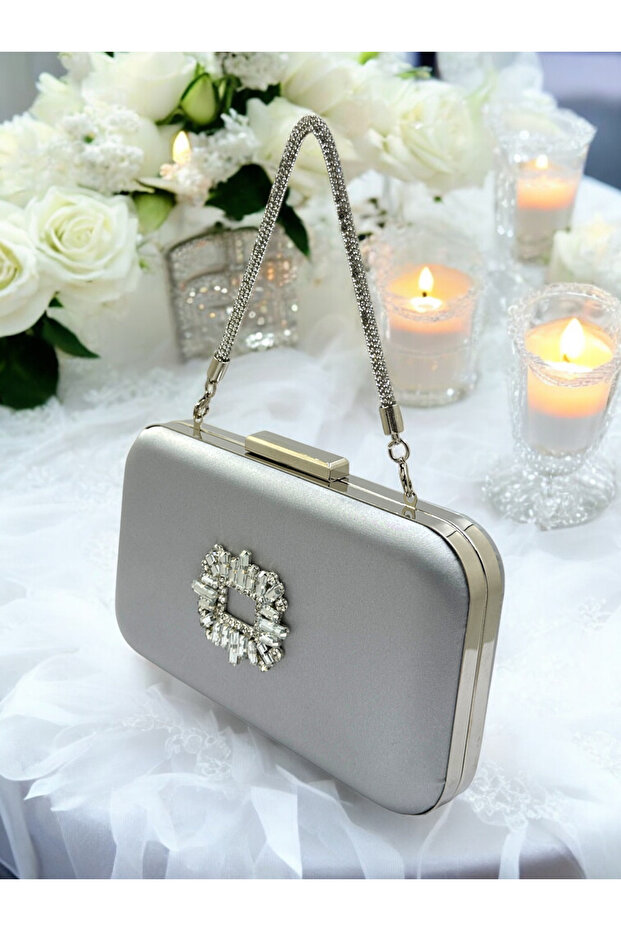 Silver Gray Lame Color Satin Stone Handle Women's Evening Dress Bag