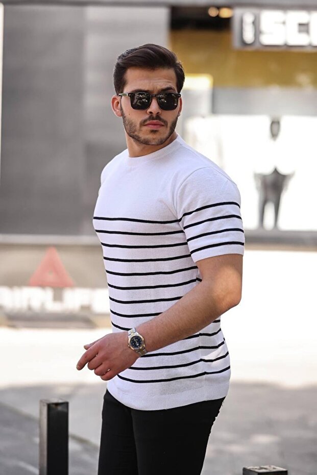 Beyaz Çizgili Basic Örme Triko Tshirt - 3