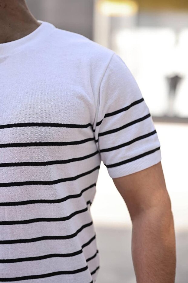 Beyaz Çizgili Basic Örme Triko Tshirt - 2