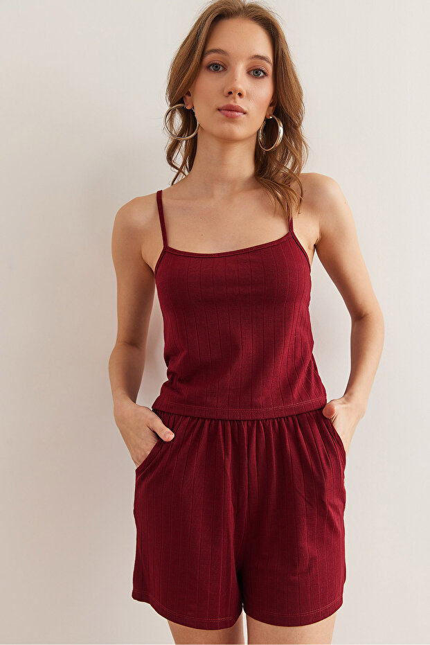Women's Burgundy Top Strap Blouse Bottom Pocket Shorts Pajama Suit Pjm- 00000021