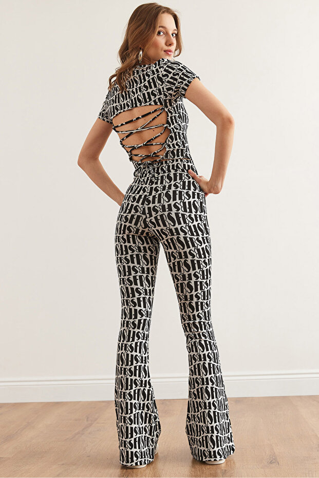 Women's Black and White Backless Blouse Spanish Leggings Jacquard Suit Tkm- 19000361
