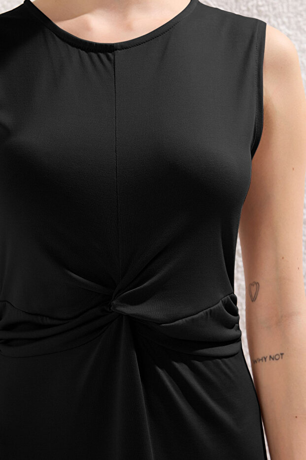 Siyah Düz Büzgü / Drape Maxi More Sustainable Modal Burgu Detaylı Esnek Örme Elbise TWOSS25EL00385 - 4