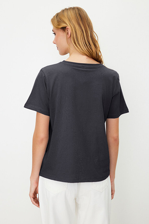 Antrasit %100 Pamuk Basic Bisiklet Yaka Örme T-Shirt TWOSS23TS00000 - 5