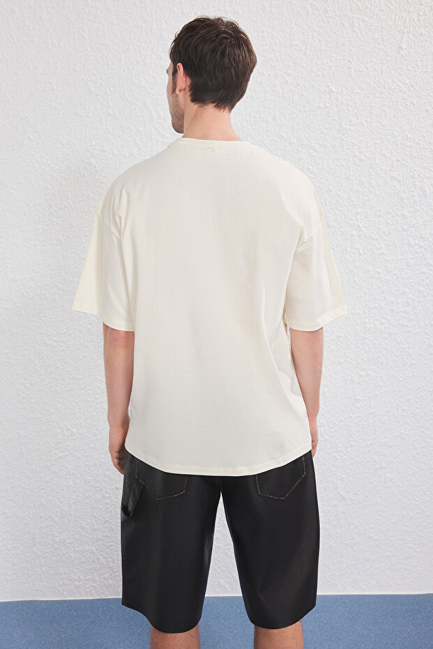 Lacivert-Bej Oversize/Geniş Kesim 2'li Paket Yazı Baskılı-Düz %100 Pamuk T-Shirt TMNSS25TS00215 - 4