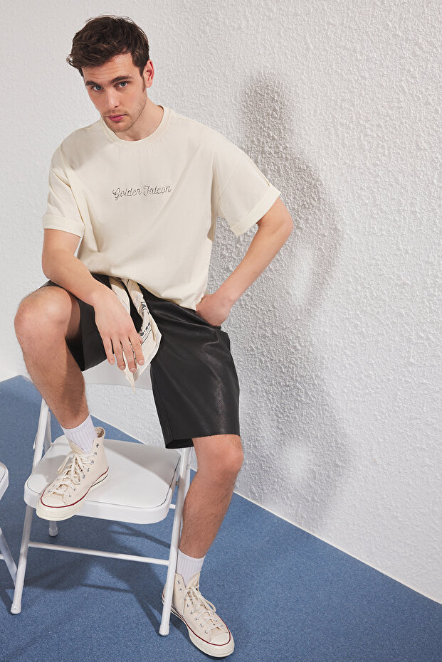 Lacivert-Bej Oversize/Geniş Kesim 2'li Paket Yazı Baskılı-Düz %100 Pamuk T-Shirt TMNSS25TS00215 - 8