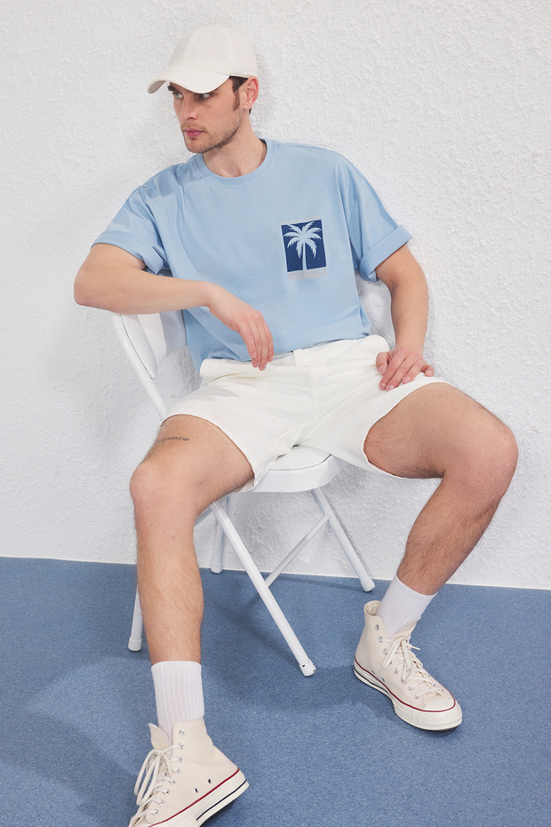 Mavi-Antrasit Oversize/Geniş Kesim 2'li Paket Baskılı-Düz %100 Pamuk T-Shirt TMNSS25TS00212 - 8