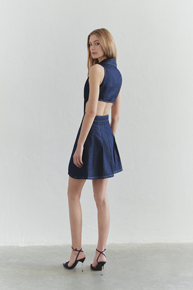 Koyu Mavi Bel Dekolteli Cut-Out Detaylı Gömlek Yaka Mini Denim Elbise TWOSS25EL00505 - 2