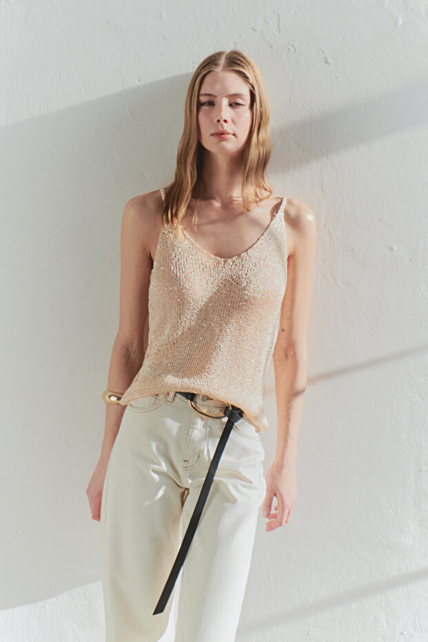 Altın Crop Payetli Metalik İplikli Triko Bluz TWOSS25BZ00321 - 2