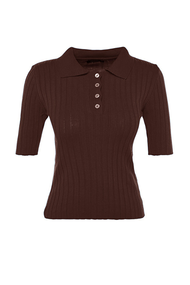 Kahverengi Basic Polo Yaka T-Shirt Görünümlü Triko İnce Bluz TWOSS20BZ0112 - 10