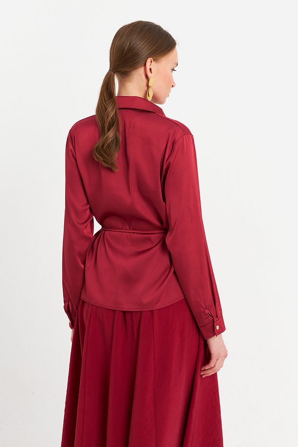 Kadın Bordo Beli Bağlamalı Saten Gömlek MMRS4212 - 6
