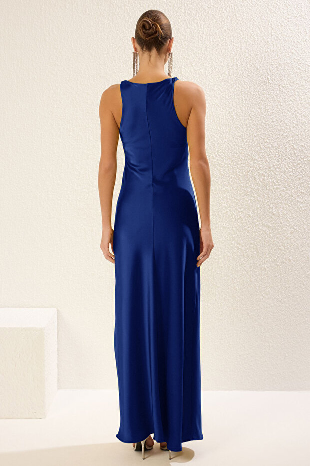 Saks Vücuda Oturan Saten Dokuma Maxi Abiye Gece Mezuniyet Elbisesi TPRSS25AE00066 - 5