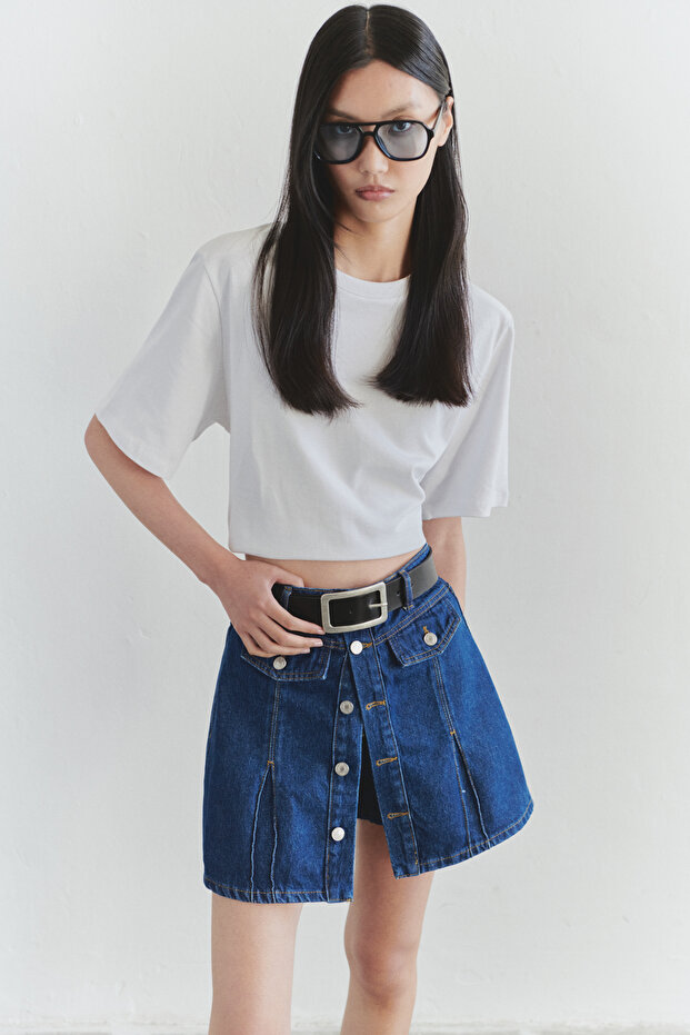 Koyu Mavi Düğme Detaylı Denim Şort Etek TWOSS25SR00064 - 1
