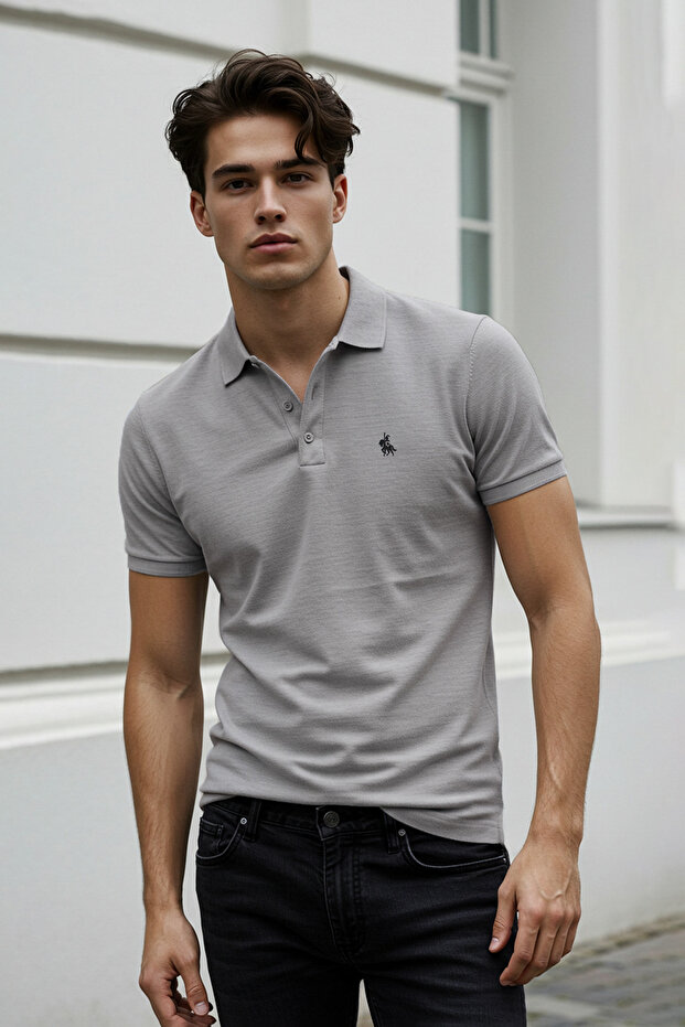 Gri Melanj Regular/Normal Kesim At Nakış Detaylı Polo Yaka T-shirt TMNSS25PO00017 - 2