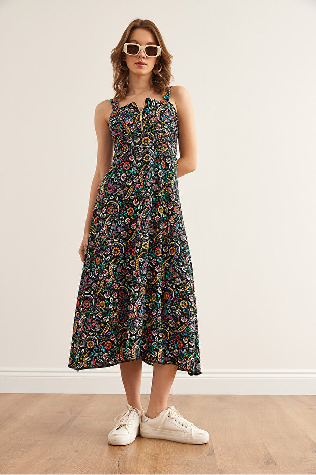 Kadın Renkli Çiçekli Fermuarlı Desenli Örme Elbise ELB-19000615 - 2