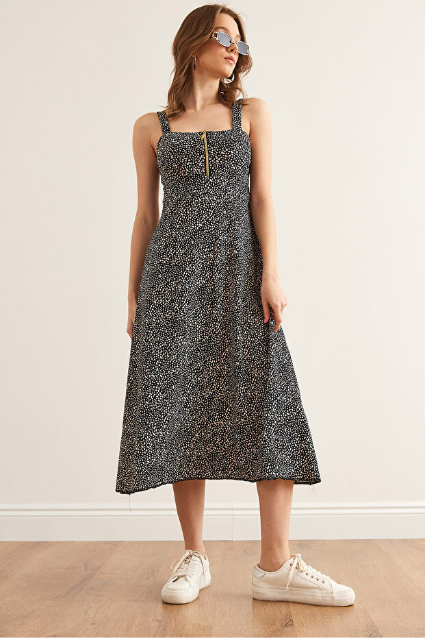 Women's Black and White Polka Dot Zippered Patterned Knitted Dress Elb- 19000615