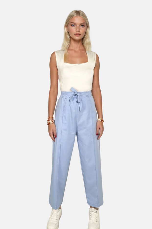 Women's Blue High Waist Front Grassed Double Pocket Linen Palazzo Trousers Alc-X13775