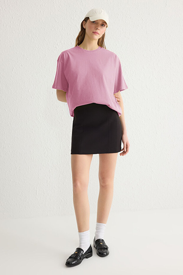 Açık Pembe %100 Pamuk Bisiklet Yaka Oversize/Geniş Kalıp Örme T-Shirt TWOSS20TS0134 - 1