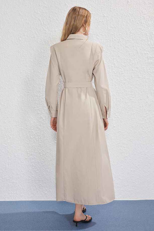 Bej Kemer Toka Detaylı Dokuma Terrycotton Elbise TCTSS25EB00134 - 4