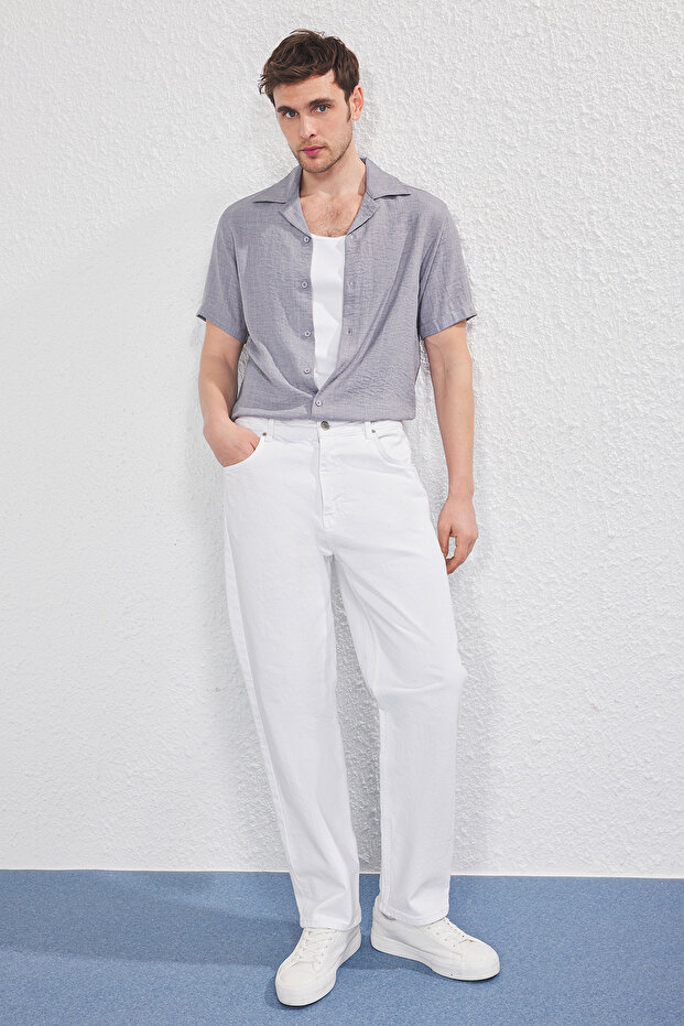 Gri Regular Fit Keten Görünümlü Salaş Dökümlü Gömlek TMNSS25GO00075 - 1