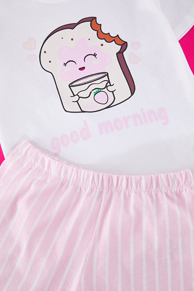 Pembe Kız Çocuk %100 Pamuk Çizgili Kısa Kol Mini Me/Anne-Kız Örme Pijama Takımı TKDSS25PT00022 - 4