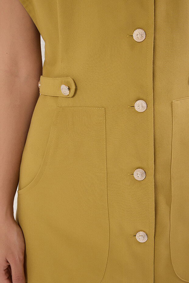 Yağ Yeşili Düğme Detaylı Gabardin Mini Dokuma Gömlek Elbise TWOSS22EL2970 - 3