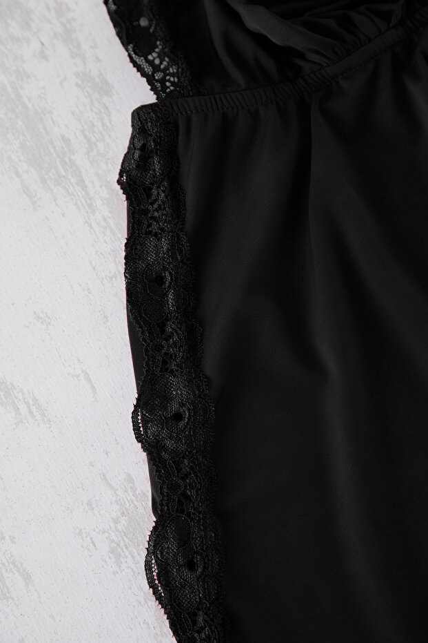 Siyah V Yaka Dantelli Örme Pijama Takımı TBBSS25AI00087 - 7