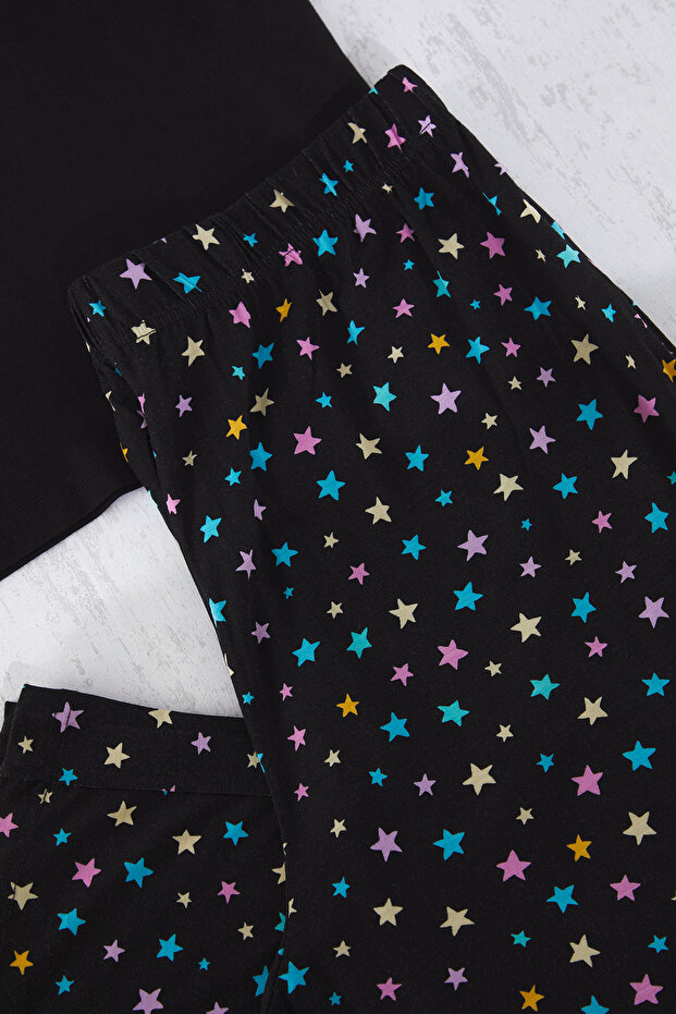 Siyah V Yaka Ayıcık & Yıldız Desenli Kapri Viskon Örme Pijama Takımı TBBSS25AI00068 - 4