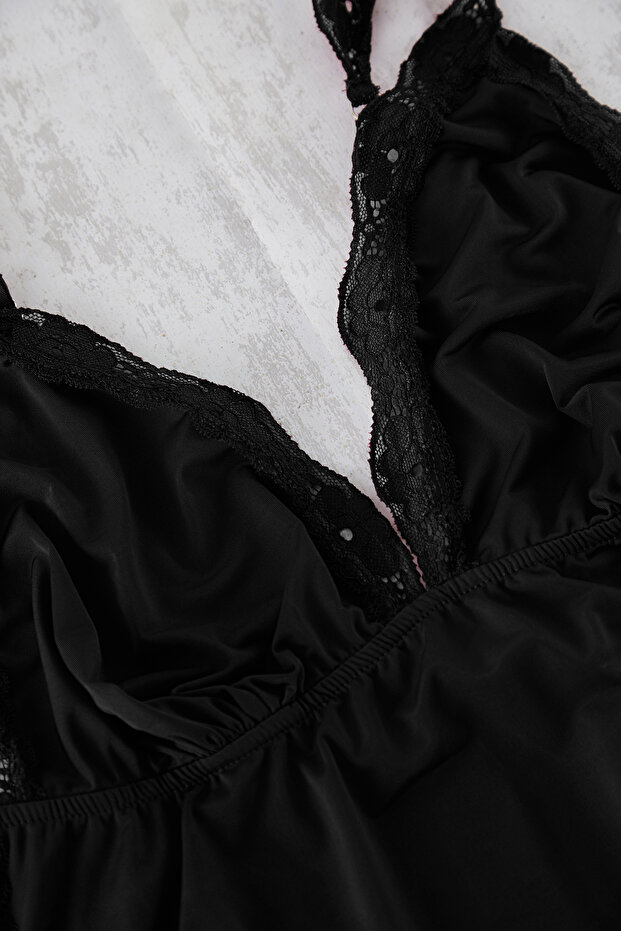 Siyah V Yaka Dantelli Örme Pijama Takımı TBBSS25AI00087 - 6
