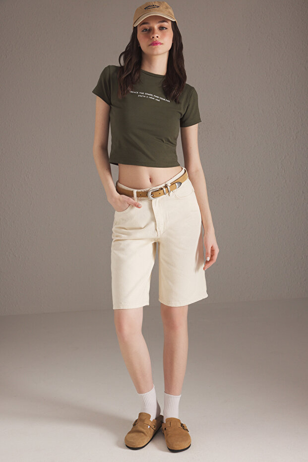 Ekru Normal Bel Denim Bermuda TWOSS25SR00113 - 2