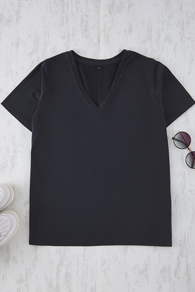 Antrasit V Yaka Modal Dökümlü Rahat Büyük Beden T-shirt TBBSS25BF00053 - 5