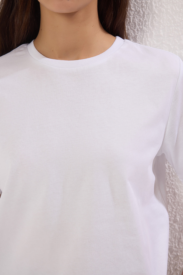 Beyaz-Beyaz Basic %100 Pamuk Bisiklet Yaka 2'li Paket Örme T-Shirt TWOSS20TS0141 - 4