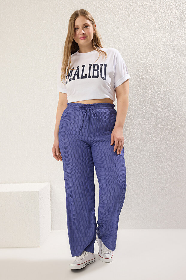 Indigo Wide Leg Yüksek Bel Dokulu Büyük Beden Pantolon TBBSS25AR00044 - 1