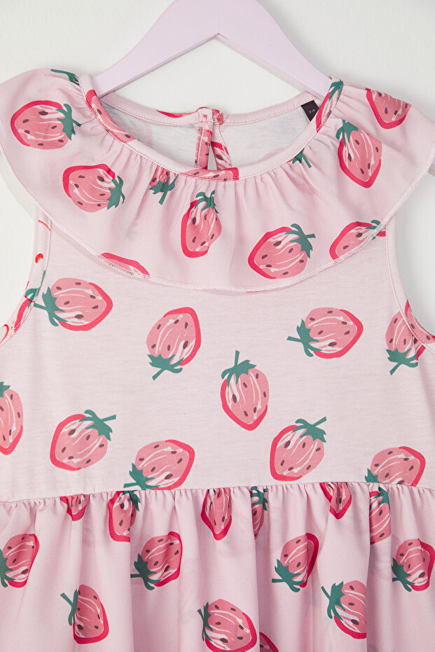 Pembe Kız Çocuk Çilek Desenli Kısa Kol Mini Örme Elbise TKDSS25EL00066 - 4